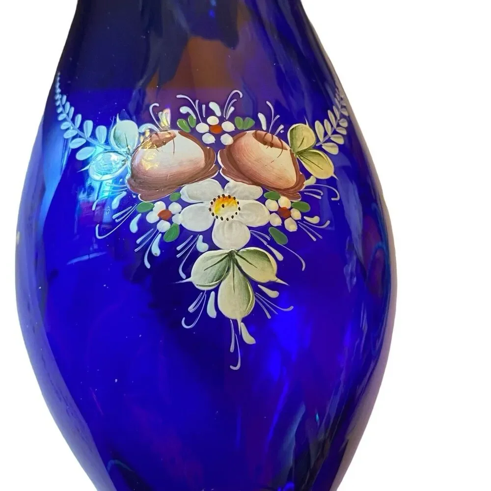 Vintage Bohemian Glass Cobalt Blue Footed Gold Trim And Floral Bud Vase ~8”